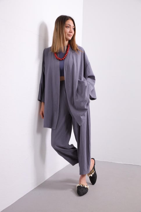 Smoken Seersucker Kimono Trousers Set